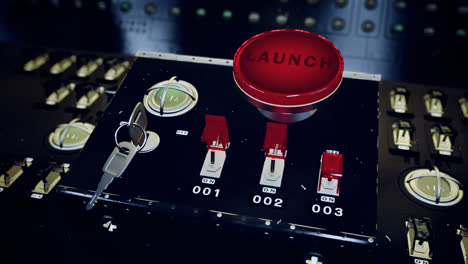 A-retro-launch-control-center-that-monitors-and-controls-missile-launch-facilities.-Animation-of-a-large-red-button-marked-–-Launch-–-on-a-control-metal-console-full-of-electric-switches-and-buttons.