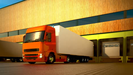 Trucks-with-semi-trailers-standing-in-a-row-in-front-of-a-warehouse.-Heavy-load-cargo-transport-from-business-commercial-sites.-Logistics-freight-industry-transportation-endless,-seamless-loop.