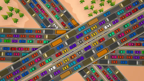 Aerial-view-of-the-six-lane-highway-with-the-slow-moving,-bumper-to-a-bumper-traffic-jam.-Three-busy-roadways-full-of-cars,-crossing-each-other.-Loopable-2D-animation.