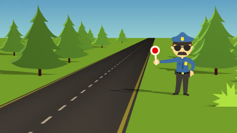 The-cartoon-animation-of-the-police-officer-from-the-highway-patrol.-The-law-enforcement-with-sunglasses-and-big-mustache-is-waving-his-red-lollipop-and-stops-the-red-car-which-was-driving-too-fast.