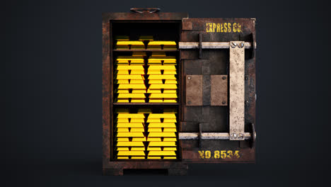 Precious-gold-bullion-bars-stacked-tightly-in-an-old,-vintage-safe-with-its-metal-door-standing-wide-open.-A-conceptual-image-of-the-finances,-savings,-and-richness.