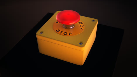 A-retro-smoky-control-center-room-with-big-vintage-red-button-with-the-‘Emergency-stop’-words-on-the-panel.-When-the-accident-happens,-the-switch-is-activated-and-red-light-is-flashing-in-the-button.