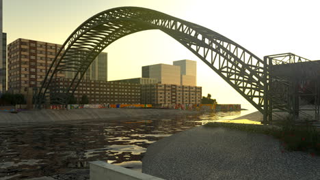 The-view-of-the-fictional-town-with-the-bridge-building-simulation.-Timelapse-animation-with-the-clearly-seen-migration-of-the-sun.-Growing-up-bridge-in-the-urban-landscape.-Zooming-in-camera.-HD