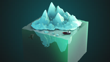 Low-poly-animation.-Freezing,-snowy-north-pole-environment.-Boat-moored-near-the-white-iceberg-in-Antarctica.-In-blue,-cold-ocean-an-orca-is-hunting-the-fishes.