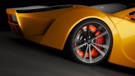 Overheated-brake-disk-glowing-red.-Static-camera-fixed-on-the-front-of-a-yellow-sport-car.-Loopable-animation.-Highway-high-speed-transportation-concept.-Automotive-race-vehicle.