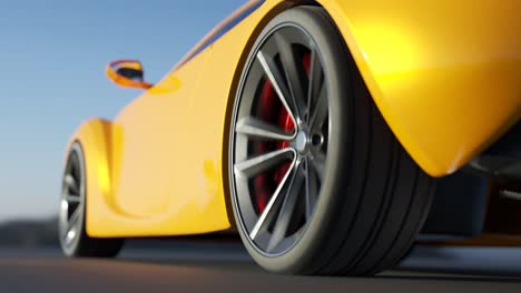 Overheated-brake-disk-glowing-red.-Static-camera-fixed-on-the-front-of-a-yellow-sport-car.-Loopable-animation.-Highway-high-speed-transportation-concept.-Automotive-race-vehicle.