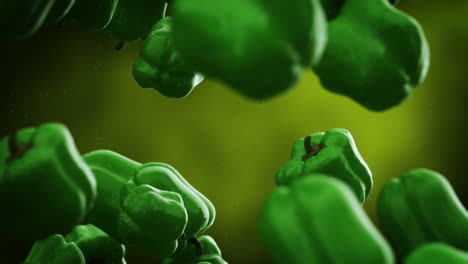 Clean-green-bell-peppers-with-water-droplets-falling-down-in-front-of-the-blurry-background.-Slow-motion-computer-generated-imagery-presenting-realistic-looking-vegetables-in-the-air.-Loopable.-HD
