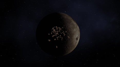 Cosmos.-Asteroid-belt.-Dense-meteoroid-swarm-is-fast-moving-towards-the-grey-moon-full-of-the-craters.-Small,-rocky-celestial-bodies-will-fall-down-on-the-surface-of-the-moon-causing-huge-disaster.