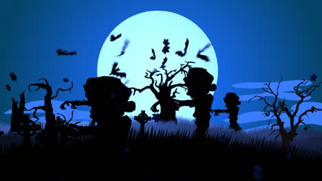 A-scary,-autumn-night.-Zombie-walking-on-the-haunted,-mysterious-graveyard-with-dark-silhouettes-of-spooky-trees-full-of-creepy-jack-o-lanterns.-Full-moon-is-raising.