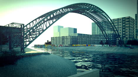 The-view-of-the-fictional-town-with-the-bridge-building-simulation.-Timelapse-animation-with-the-clearly-seen-migration-of-the-sun.-Growing-up-bridge-in-the-urban-landscape.-Zooming-in-camera.-HD