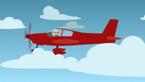 Traveling-by-airplane.-Man-in-a-cockpit-is-piloting-a-fast,-red-aircraft.-The-machine-has-engine,-wings-and-a-propeller.-The-journey-in-the-cloudy-summer-blue-sky.-The-pilot-is-an-aviation-expert.