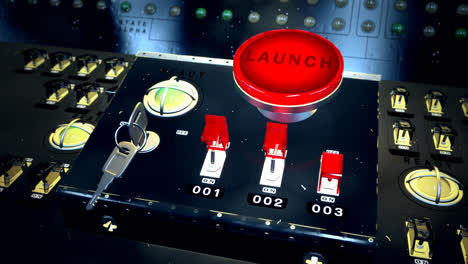 A-retro-launch-control-center-that-monitors-and-controls-missile-launch-facilities.-Animation-of-a-large-red-button-marked-–-Launch-–-on-a-control-metal-console-full-of-electric-switches-and-buttons.