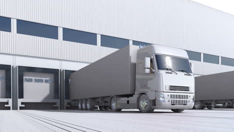 Trucks-with-semi-trailers-standing-in-a-row-in-front-of-a-warehouse.-Heavy-load-cargo-transport-from-business-commercial-sites.-Logistics-freight-industry-transportation-endless,-seamless-loop.