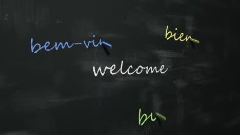 Typography-animation.-Colorful-chalks-writing-‘Welcome’-word-in-multiple-different-international-foreign-languages-on-the-black-chalkboard.-Language-learning-concept.