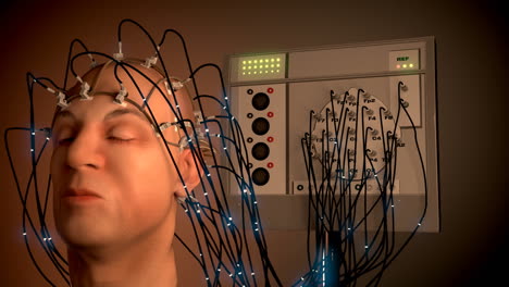Man-wired-to-an-EEG-machine-or-electroencephalograph-which-produces-a-graphical-record-of-electrical-activity-of-the-human-brain.-Perfect-animation-for-any-science-or-medically-related-purposes.-HD