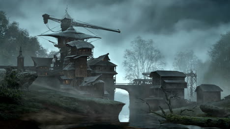 View-of-high-crane-towering-over-a-fantasy-self-sufficient-village.-Mystical-fog-evaporated-from-the-surrounding-river-makes-the-dramatic-climate-of-fear.-Matte-painting-zoom-in-animation.-HD