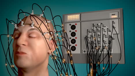 Man-wired-to-an-EEG-machine-or-electroencephalograph-which-produces-a-graphical-record-of-electrical-activity-of-the-human-brain.-Perfect-animation-for-any-science-or-medically-related-purposes.-HD