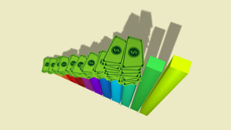 Animated-colorful-financial-bar-graph.-Dollar-banknotes-are-stacking-on-each-bar.-A-chart-is-rising.-The-symbol-of-increasing-profit,-growing-investment,-and-financial-success.-Business-concept.
