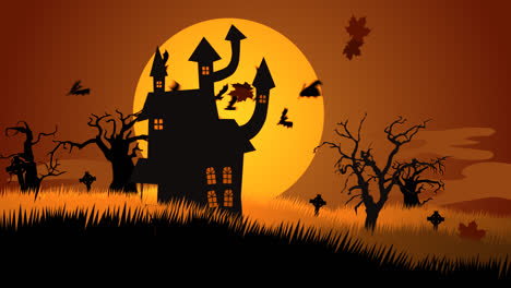A-scary,-cloudy-autumn-night,-full-of-flying-spooky-bats.-Mysterious-halloween-witch-in-hat-and-black-clothes-is-flying-on-the-broomstick-against-bright,-full-moon.