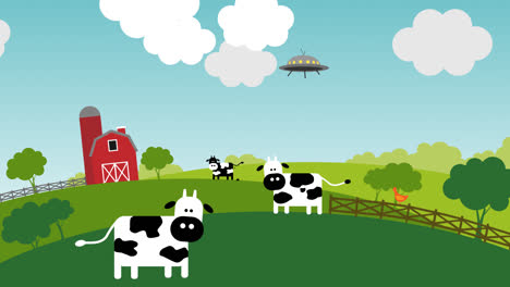 Cow-abduction-by-aliens-on-a-sunny-day-on-the-farm.-Animation-presents-a-rural-landscape-with-the-fence-and-meadows-with-the-sunflowers-on-the-small-hills.-Three-cows,-a-chicken,-and-a-barn.