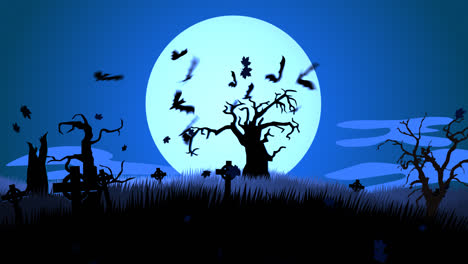 A-scary,-autumn-night-on-the-haunted,-mysterious-graveyard-with-dark-silhouettes-of-spooky,-old-tombstones.-The-human-skeletons-are-walking-against-bright.-full-moon.