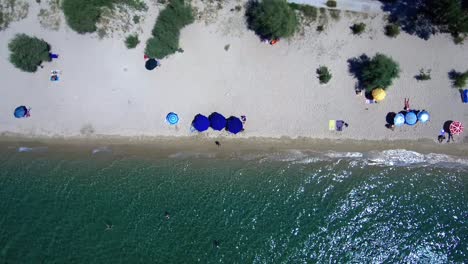 Aerial,-drone-shot-of-Greek-beach