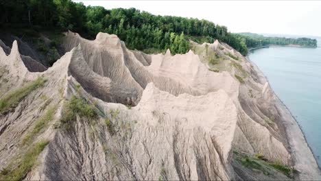 Aerial-view-of-sand-bluffs-on-side-of-lake
