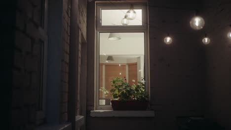 Runde-Glühbirnen-Hängen-Vor-Dem-Fenster-Im-Hinterhof