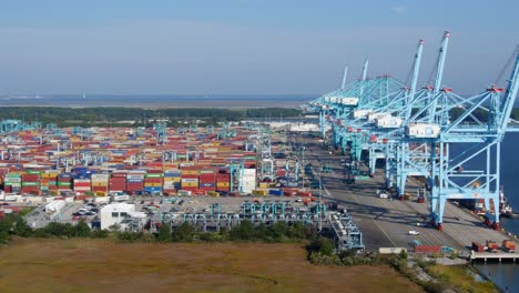 Aerial-video-of-Port-operations-for-a-container-ship-being-unloaded