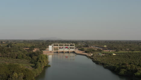 Aerial-of-water-barrage-construction-with-flag-of-China-and-Cambodia-Battambang-province