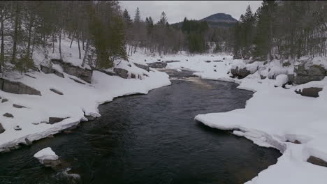 Aerial-scenic-drone-pan-forward-motion-upstream-Canadian-wilderness-mid-winter-near-north-Quebec-Stoneham-Ski-Resort-of-frozen-over-Sautaurski-River
