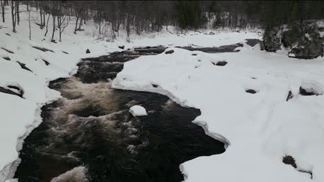 Aerial-scenic-drone-backward-motion-Canadian-wilderness-mid-winter-near-north-Quebec-Stoneham-Ski-Resort-of-frozen-over-Sautaurski-River-downstream