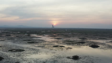 Schwarm-Weißer-Vögel-über-Dem-Stausee-Bei-Sonnenuntergang-In-Kambodscha