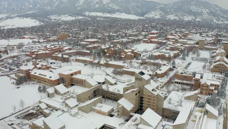Snow-capped-University-of-Boulder,-Colorado-with-mountain-range-in-background---South