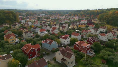 Family-homes-in-Stockholm,-Sweden.-Fly-over-drone-shot