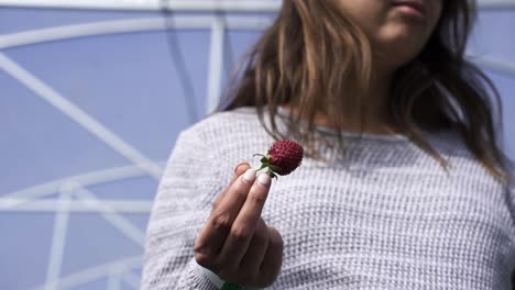 Female-Holding-A-Red-Ripe-Strawberry-Fruit-In-Her-Hand-In-A-Farm-Greenhouse