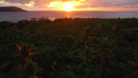 Lebendiger-Goldener-Sonnenuntergang-über-Korallenriff,-Palmen,-Nacula-Insel,-Yasawa,-Fidschi