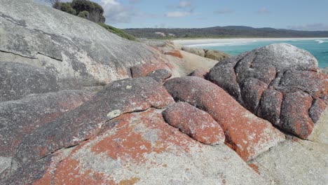 Massive-Granitfelsen-Mit-Orangefarbenen-Flechten-Am-Unberührten-Weißen-Sandstrand-Am-Sloop-Reef-Camping-In-Der-Nähe-Von-Taylors-Beach-In-Der-Binalong-Bay,-Tasmanien