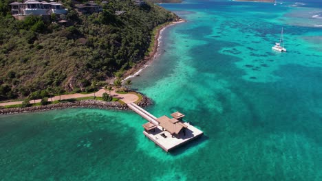 Aerial-View-of-Resort's-Arriving-Dock-on-Virgin-Gorda,-British-Virgin-Islands,-Drone-Shot