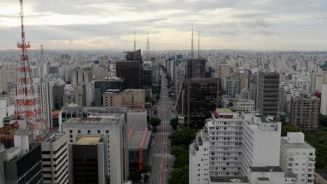 Aerial-view-of-quiet-streets-of-downtown-Sao-Paulo,-cloudy-sunset-in-Sao-Paulo,-Brazil