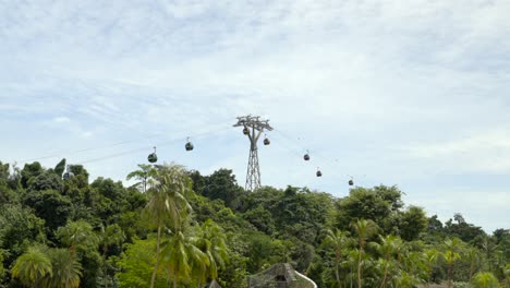 Wide-shot-of-Cableway-at-Sentosa-island-Singapore-between-forest-jungle-cloudy-day-rope-car-teleferico