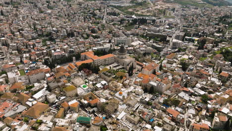 Panoramic-Aerial-View-Of-Nazareth-Cityscape-With-Church-Of-Annunciation-In-Israel