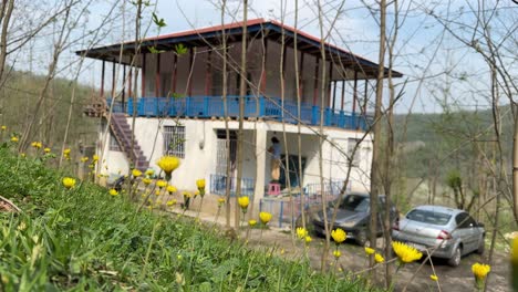 Square-designed-House-in-rural-area-in-forest-village-in-Iran-highland-mountain-family-party-friends-park-cars-in-the-yard-to-celebrate-ceremony-ritual-new-year-spring-season-gathering-persian-culture