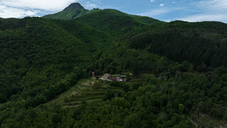 Majestic-mountain-of-Montseny-and-forest-landscape-of-Spain,-aerial-hyperlapse