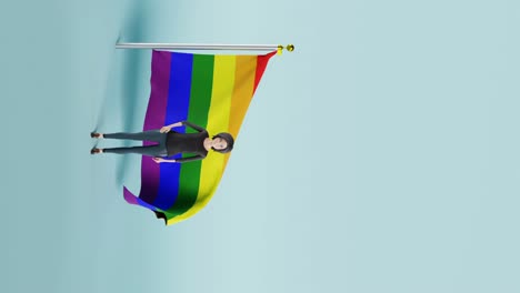 Animation-of-a-woman-standing-in-front-of-the-Traditional-Rainbow-Pride-Flag-while-waving-her-hand-vertical-video-with-blue-background