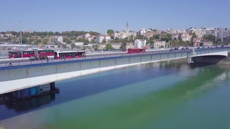 Beautiful-4k-aerial-shot-of-Belgrade-downtown-and-Branko-bridge-on-Sava-river