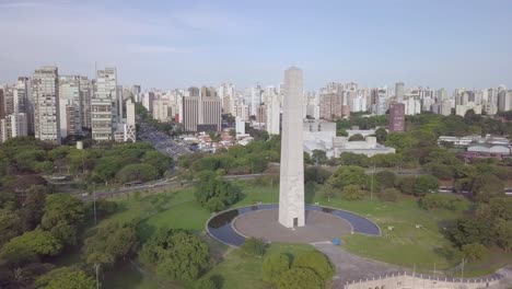 Sao-Paulo's-panorama-skyline-and-Ibirapuera-park-in-Brazil--slow-aerial-shot-on-sunny-day