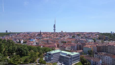 Amazing-aerial-top-view-flight-prague-downtown-city-czech-republic-in-Europe,-summer-of-2023