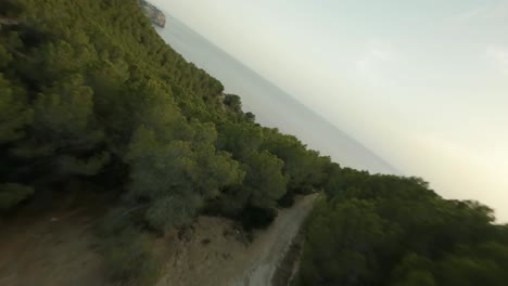 FPV-shot-over-dense-forest-and-coral-along-seaside-in-Cala-d'egos-beach,-Spain