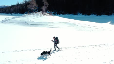 Reisender-Mit-Hund-Fährt-An-Einem-Sonnigen-Wintertag-Auf-Verschneitem-Land-Ski